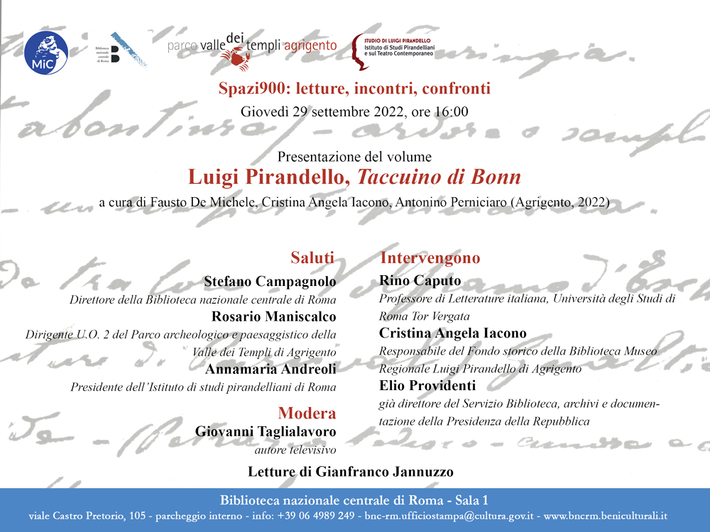 Presentazione del “Taccuino di Bonn” di Luigi Pirandello, a cura di Fausto De Michele, Cristina Angela Iacono, Antonino Perniciaro